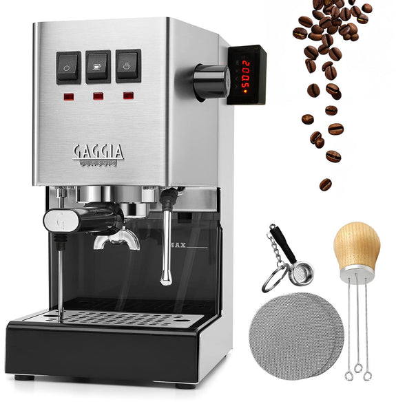 Modified Stainless Steel Gaggia Classic Pro Evo w/ Upgrade Kit for Brew, Steam, & Flow Control + 2 Puck Screens, WDT Tool, and Keychain - Sungaze Coffee