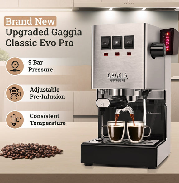 Modified Stainless Steel Gaggia Classic Pro Evo w/ Upgrade Kit for Brew, Steam, & Flow Control + 2 Puck Screens, WDT Tool, and Keychain - Sungaze Coffee