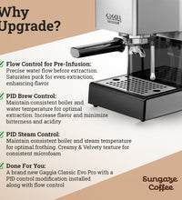 Modified Stainless Steel Gaggia Classic Pro Evo w/ Upgrade Kit for Brew, Steam, & Flow Control + 2 Puck Screens, WDT Tool, and Keychain - Sungaze Coffee